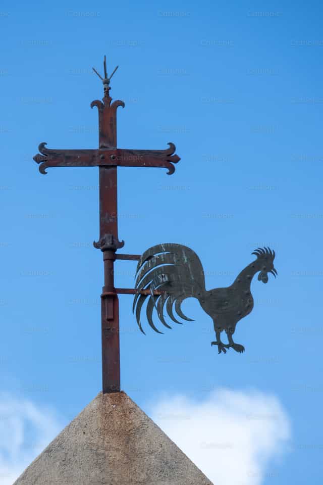 Church Weathercock and Iron Cross Against Sky - Catholic stock images - Photo by Joan Sutter