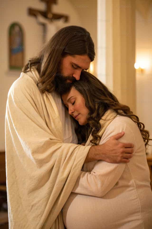 Jesus Cristo protegendo uma mulher grávida - Imagens católicas de stock - Foto de Irene Maciá Doménech