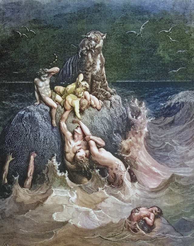 Escena del diluvio universal de la Biblia, por Doré. - Banco de imágenes católicas
