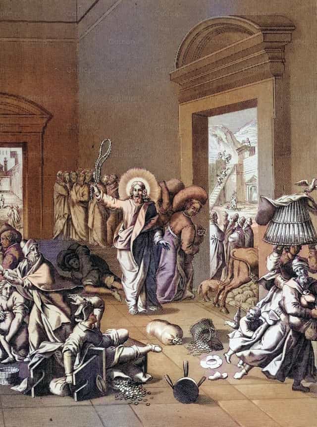 Jezus die de tempel reinigt – geldwisselaars verdreven - Katholieke stockfoto's
