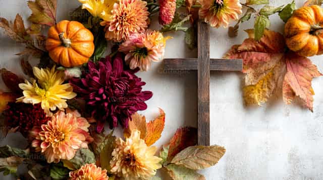 Herfstkruis met pompoenen en rode bladeren - Katholieke stockfoto's - Foto door Carolina BR