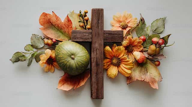 Cruz de madera con frutas y hojas verdes - Banco de imágenes católicas