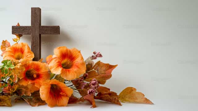 Cruz con flores anaranjadas sobre fondo blanco - Banco de imágenes católicas