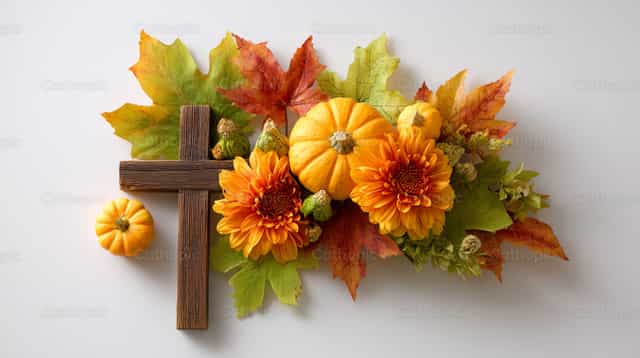Cruz con flores y calabaza pequeña - Banco de imágenes católicas