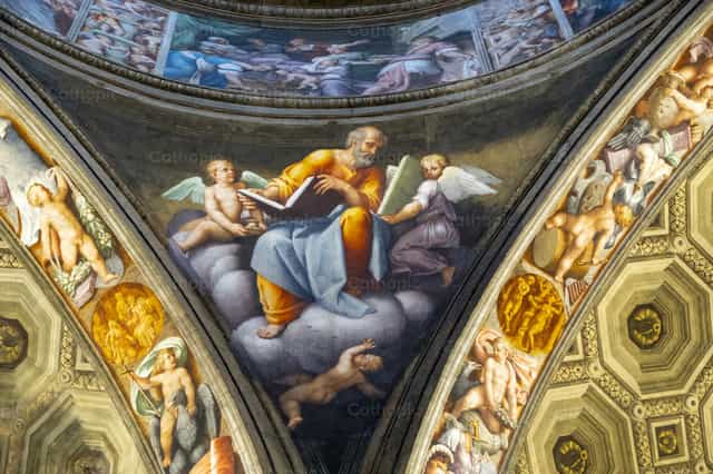 El evangelista Mateo representó con un ángel - Banco de imágenes católicas - Fotografía por Joan Sutter