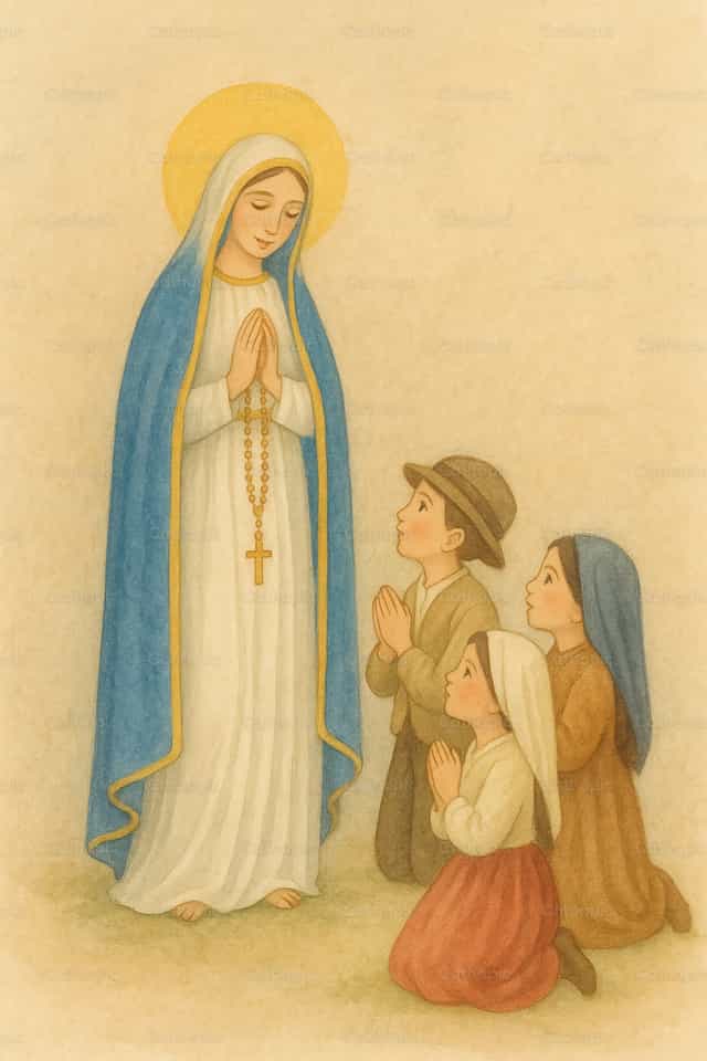 La Virgen de Fátima junto a los tres pastorcitos - Banco de imágenes católicas - Fotografía por Fe Ilustrada