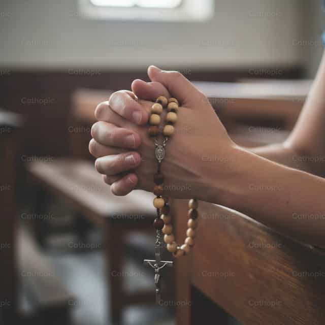 Nakatutok na mga kamay na may rosaryo - Mga Catholic stock image