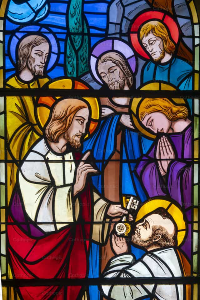 Jesus entrega as chaves da Igreja a Pedro - Imagens católicas de stock