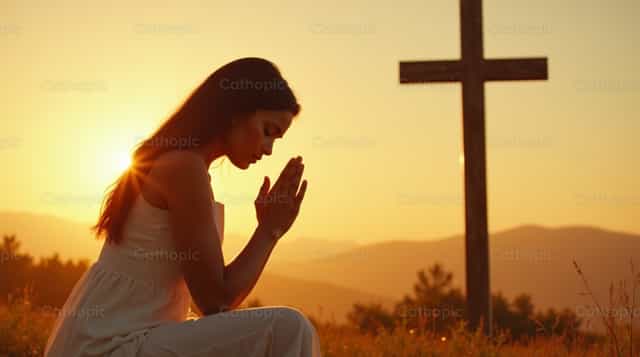 Prier devant la croix - Images catholiques de stock