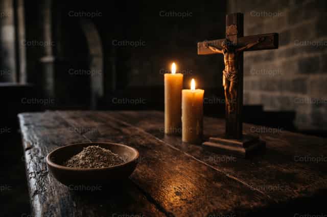 재의 잿더미와 십자가, 촛불이 있는 사순절 제대 - 가톨릭 스톡 이미지 - 사진 제공 Filip Pleše