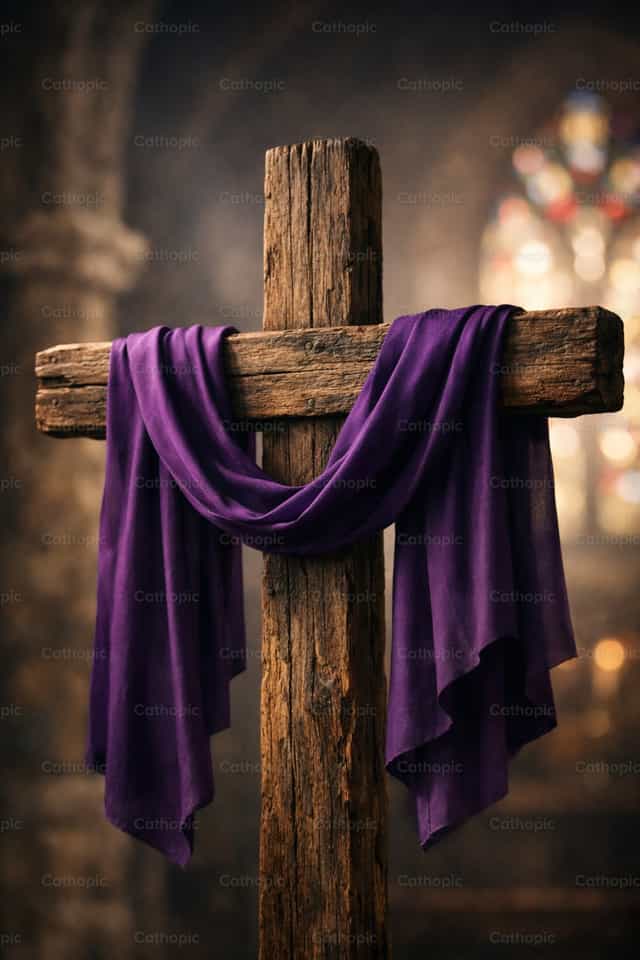 Holzkreuz mit violettem liturgischem Tuch drapiert - Katholische Stockfotos