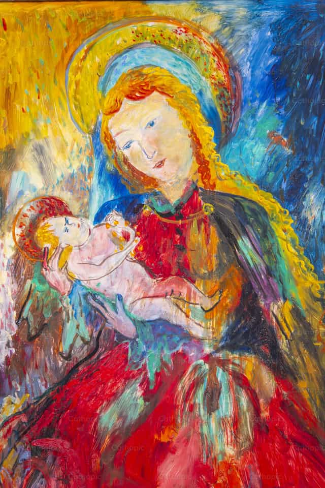 Pintura colorida da Virgem Maria segurando o Menino Jesus - Imagens católicas de stock - Foto de Joan Sutter