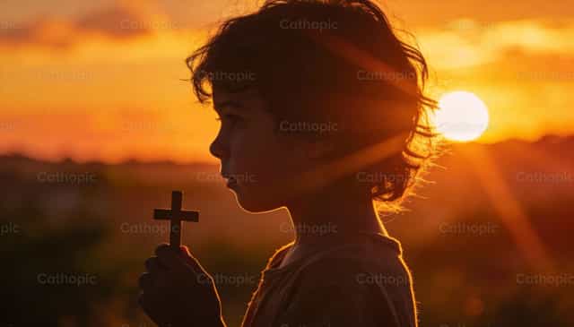 Fiú kereszttel naplementében - Katolikus stockképek