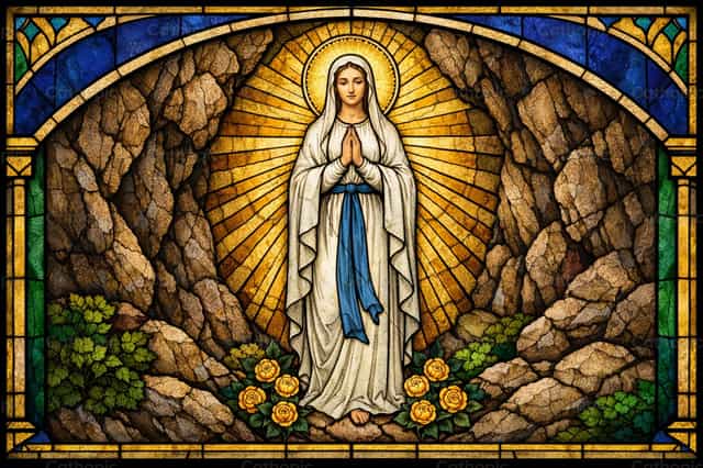 Stained glass window ng Mahal na Birheng Maria ng Lourdes - Mga Catholic stock image