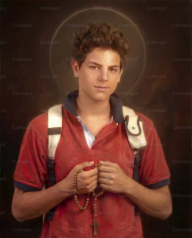 Saint Carlo Acutis tenant le Rosaire - Images catholiques de stock