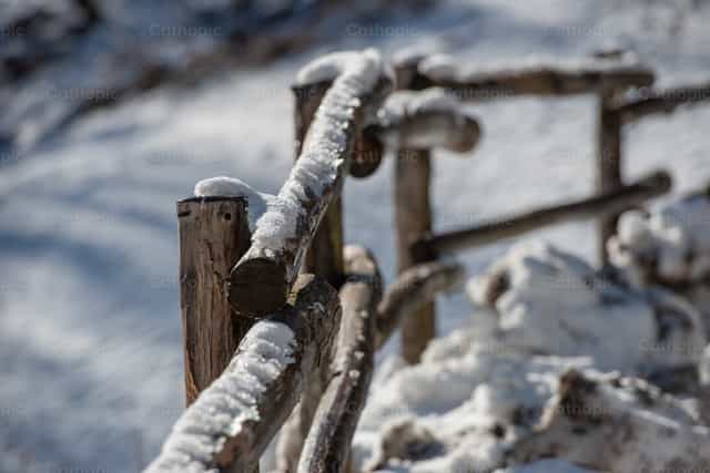 Detail van een houten hek bedekt met sneeuw - Katholieke stockfoto's - Foto door Pierluigi Palazzi