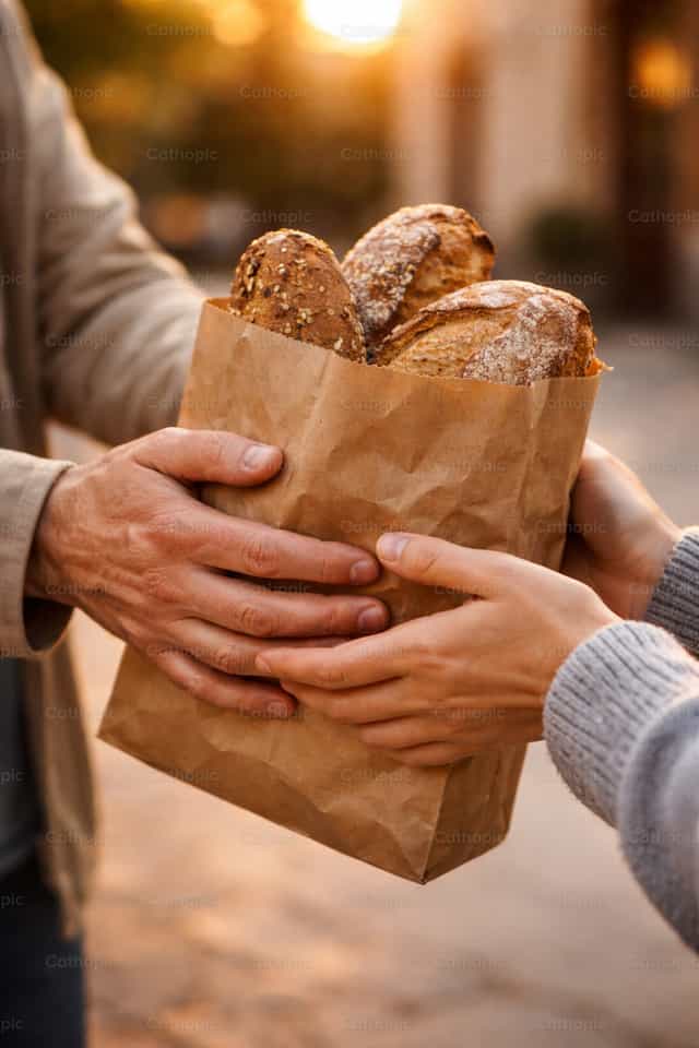 Manos entregando una bolsa de pan - Banco de imágenes católicas - Fotografía por Angie Mendoza