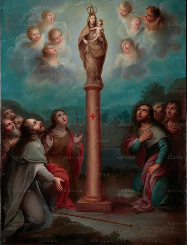 A Aparição de Nossa Senhora do Pilar a São Tiago - Imagens católicas de stock