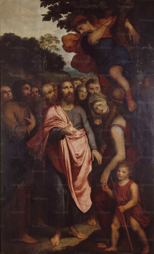Zakeus meghívása, aki egy fügefán ül - Katolikus stockképek - Fotó: Restored Christian Art