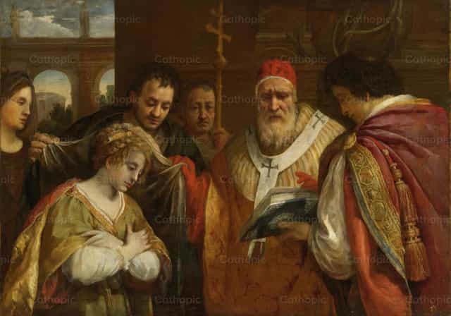교황 클레멘스 1세로부터 베일을 받는 성녀 도미틸라 - 가톨릭 스톡 이미지 - 사진 제공 Restored Christian Art