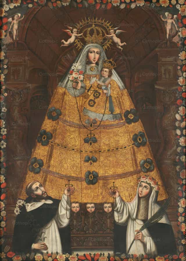 Rózsafüzér Királynője Szent Domonkossal és Szent Rózsával - Katolikus stockképek - Fotó: Restored Christian Art