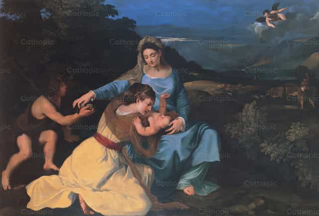 Madona com o Menino, Santa Catarina e São João - Imagens católicas de stock - Foto de Restored Christian Art