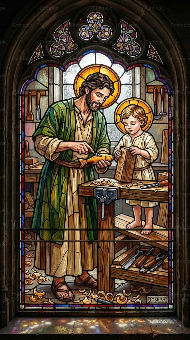 Joseph et Jésus dans l’atelier du charpentier - Images catholiques de stock