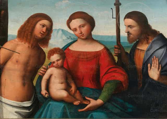 La Virgen con el Niño y los santos Sebastián y Santiago el Mayor - Banco de imágenes católicas