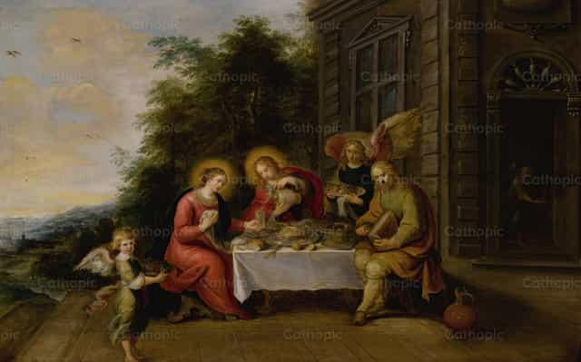 Ang Banal na Pamilya na Nagsasalo sa Labas, Habang Pinaglilingkuran ng mga Anghel - Mga Catholic stock image - Larawan ni Restored Christian Art