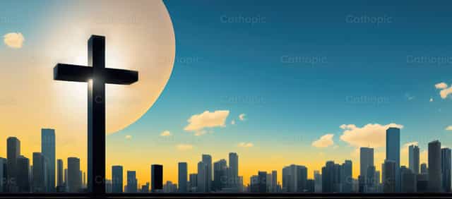 일출 속 도시 위의 십자가 - 가톨릭 스톡 이미지 - 사진 제공 catholicmall.org