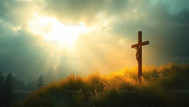 Chrystus na krzyżu w złotym świetle - Katolickie zdjęcia stockowe - Zdjęcie: catholicmall.org