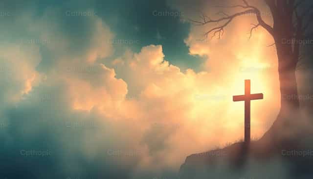 Cruz ante el resplandor celestial entre las nubes - Banco de imágenes católicas