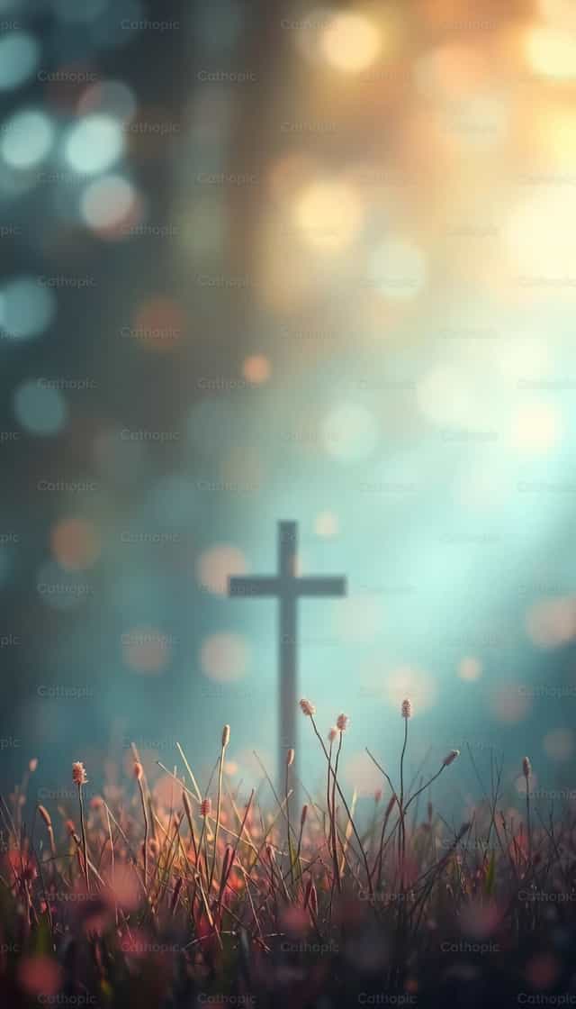Petite croix sur l’herbe avec une lumière céleste - Images catholiques de stock