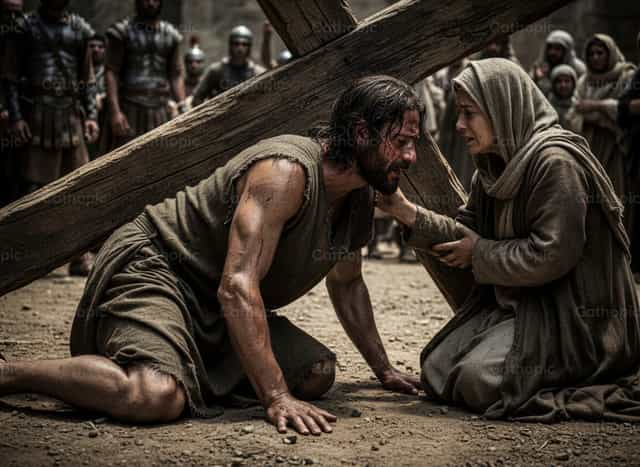 La compassion de la Mère : Jésus et Marie, tombés - Images catholiques de stock - Photo de Filip Pleše