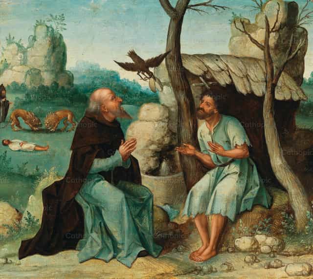 Święty Paweł Pustelnik i święty Antoni Opat karmieni - Katolickie zdjęcia stockowe - Zdjęcie: Restored Christian Art