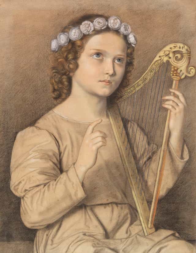 Niña con una corona de flores y un arpa (Santa Cecilia) - Banco de imágenes católicas