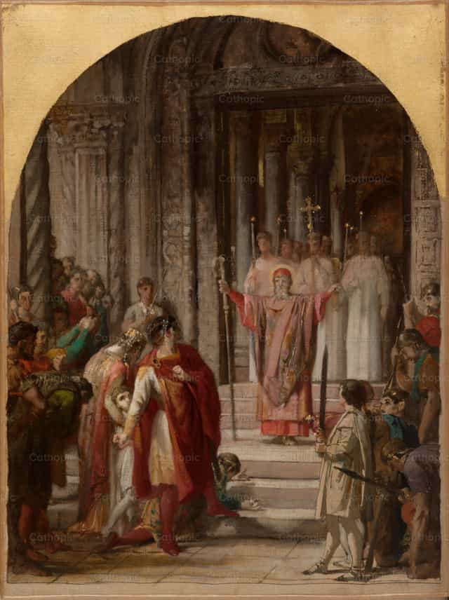 Szent Ambrus megtiltotta I. Theodosius császárnak a belépést - Katolikus stockképek
