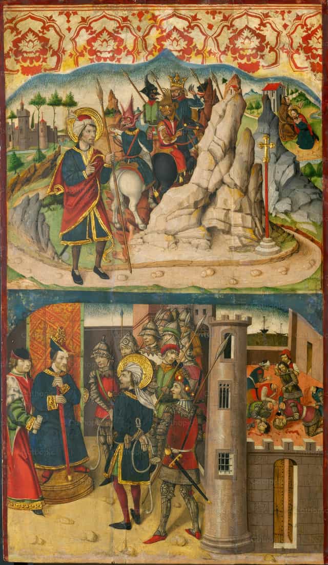 Święty Krzysztof spotyka Szatana; Święty Krzysztof przed królem Licyjskim - Katolickie zdjęcia stockowe