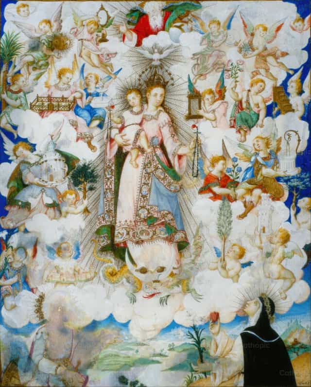 La Vierge du Rosaire avec sainte Catherine d’Alexandrie et sainte Catherine de Sienne - Images catholiques de stock