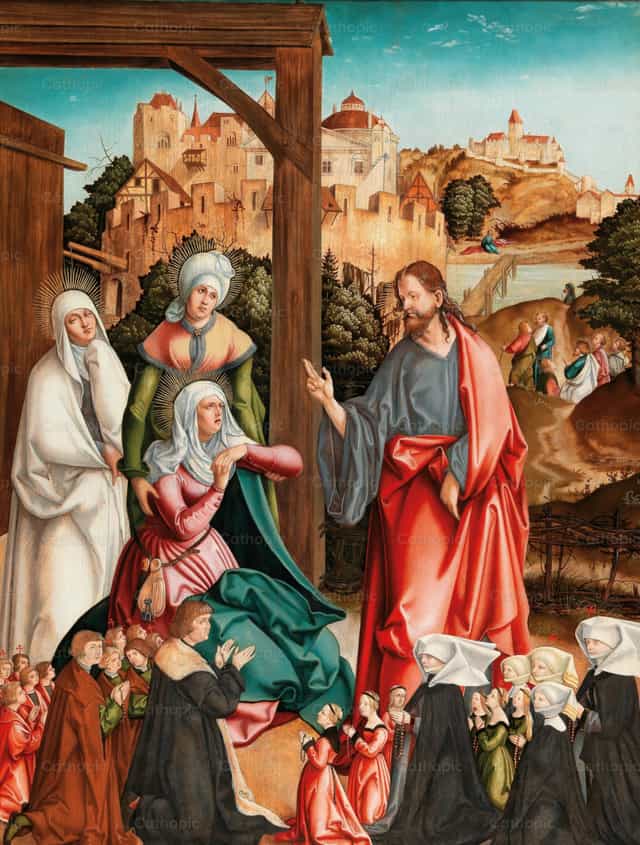Krisztus elbúcsúzik édesanyjától, az adományozó család a kép előterében térdel - Katolikus stockképek - Fotó: Restored Christian Art