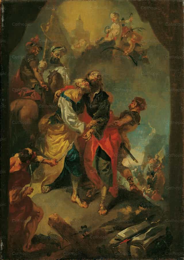 Os Apóstolos Pedro e Paulo despedindo-se antes do seu martírio - Imagens católicas de stock - Foto de Restored Christian Art