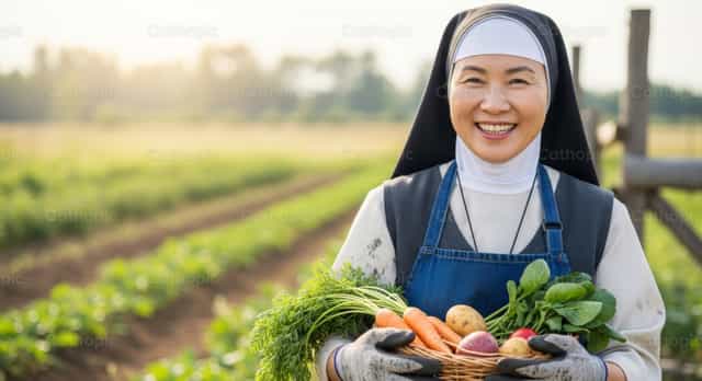 Joyful Religious Sister with Harvested Vegetables - Catholic stock images