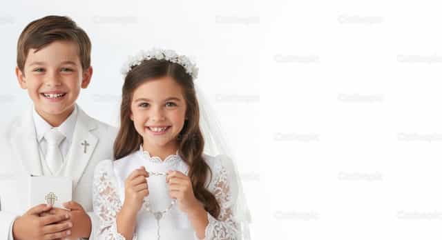 Elsőáldozásra öltözött fiú és lány - Katolikus stockképek - Fotó: catholicmall.org