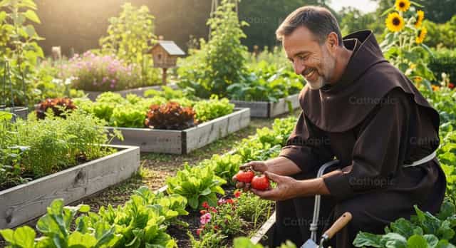 Franciscanong Kapatid na Nag-aani ng mga Kamatis - Mga Catholic stock image - Larawan ni catholicmall.org