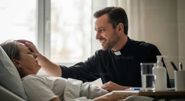 Prêtre administrant le sacrement des malades - Images catholiques de stock