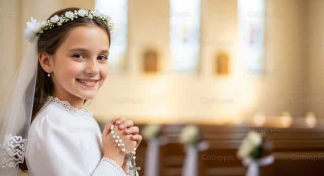 Niña que hace su Primera Comunión - Banco de imágenes católicas - Fotografía por catholicmall.org