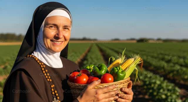 Apáca kosárral a betakarítás után - Katolikus stockképek - Fotó: catholicmall.org