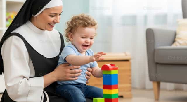 Une religieuse tenant un bébé pendant qu’ils jouent avec des blocs - Images catholiques de stock - Photo de catholicmall.org