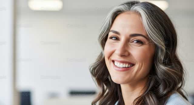 Una mujer alegre en la oficina - Banco de imágenes católicas