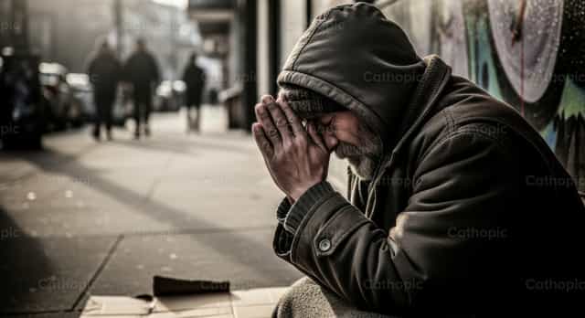 Un hombre sin hogar rezando con devoción en la calle - Banco de imágenes católicas
